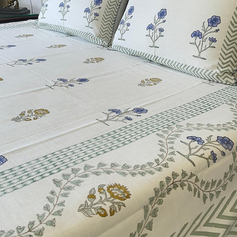 Floral Vines Slub Cotton Block Printed Bedcover