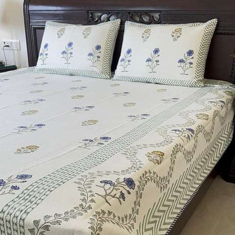 Floral Vines Slub Cotton Block Printed Bedcover